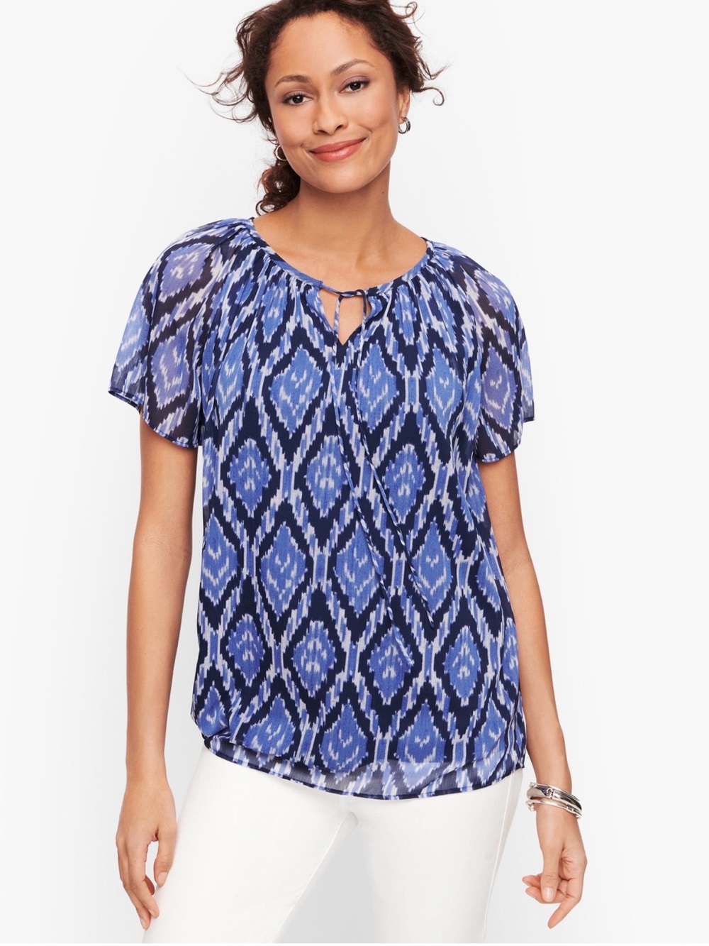 Talbots Blue Ikat Tie-Neck Flutter Sleeve Blouse